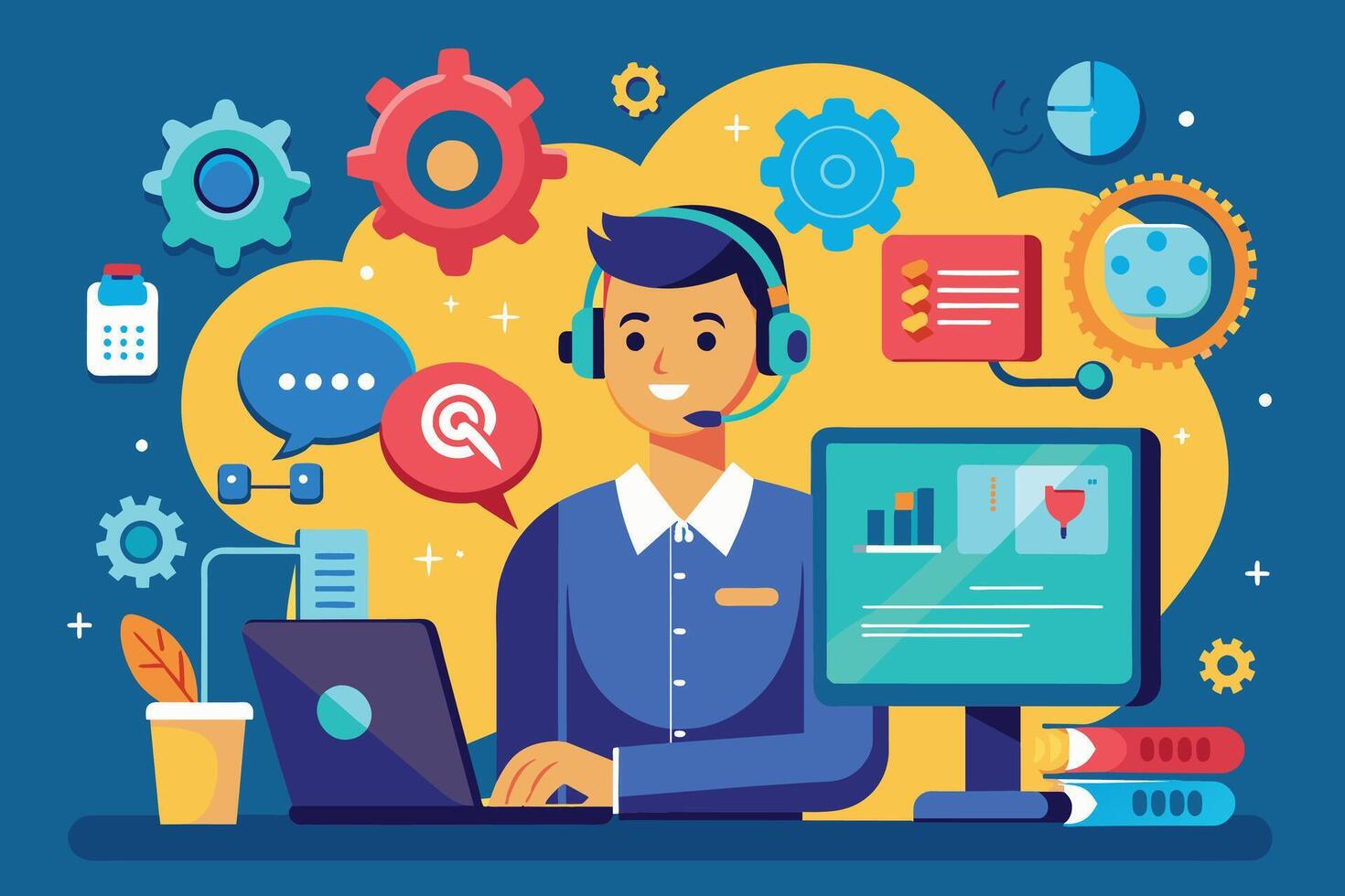 Smiling Customer Service Representative Working at a Desk With a Laptop and Desktop Computer vector