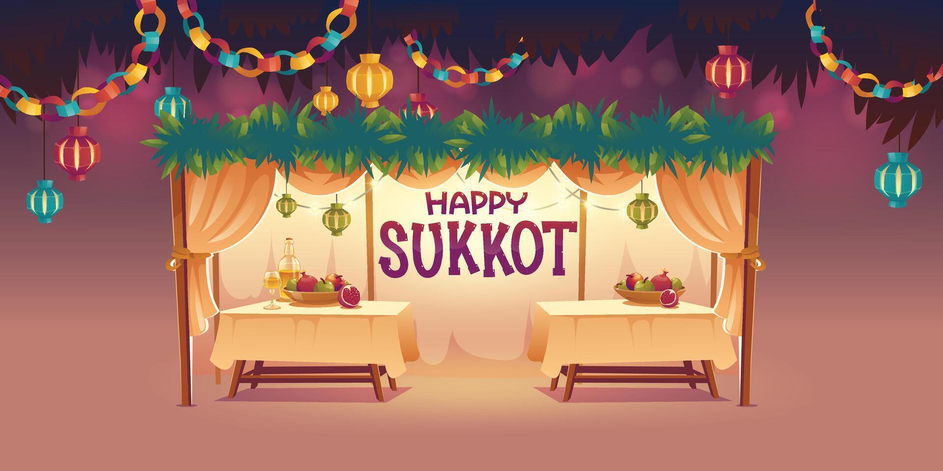 Happy Jewish Holiday Sukkot Hand Drawn Cartoon Flat Illustration with a sukkah. vector