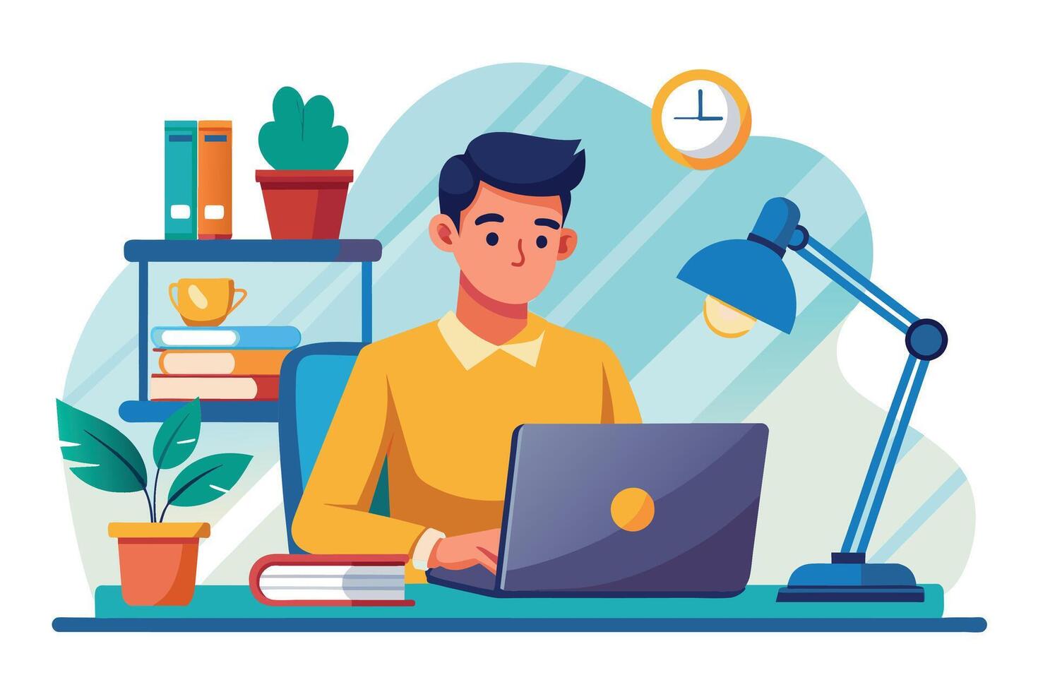 Man Working on Laptop at Home Office Desk vector