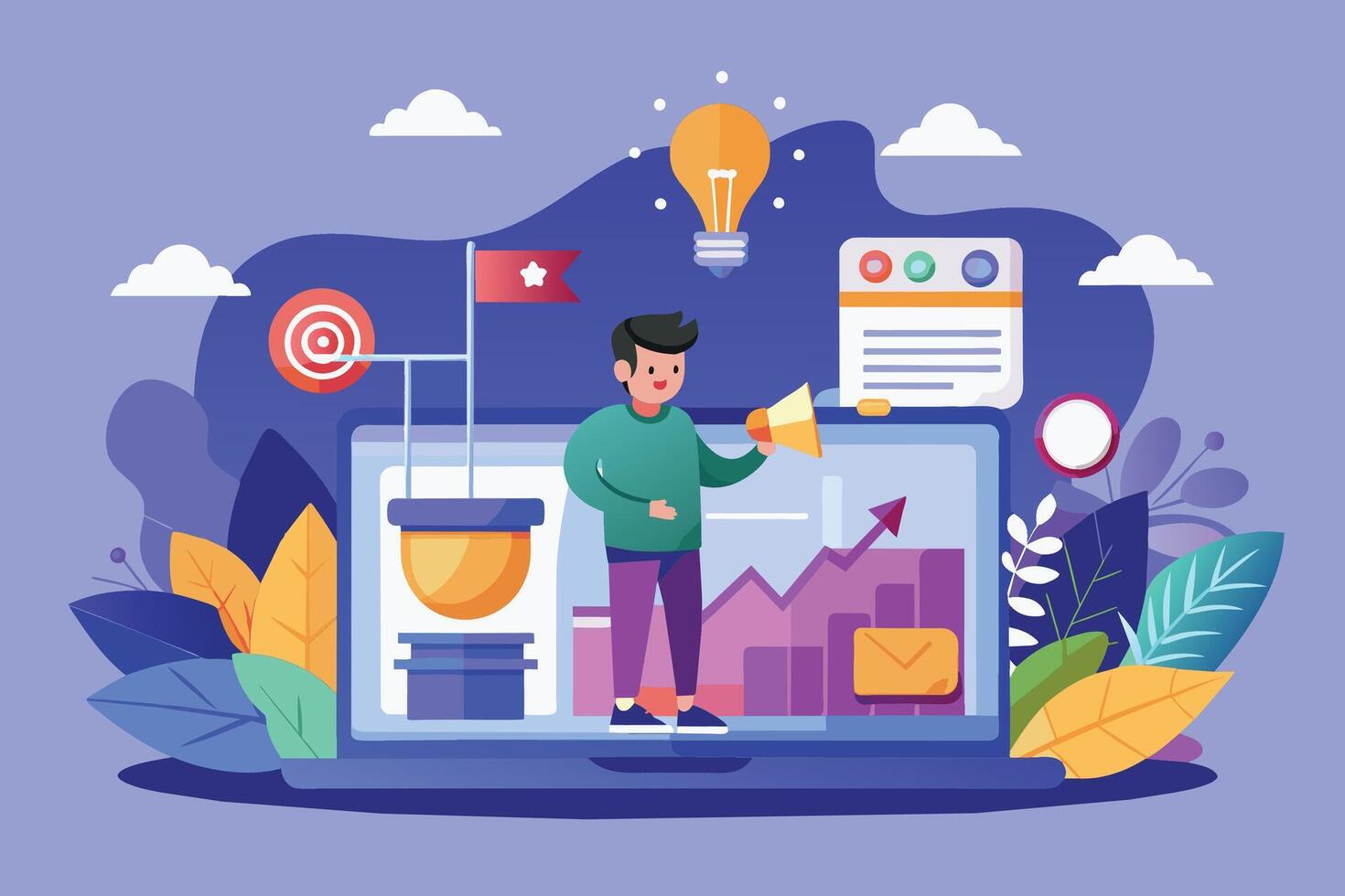 Digital Marketing Strategy Illustration With Man Holding Megaphone vector