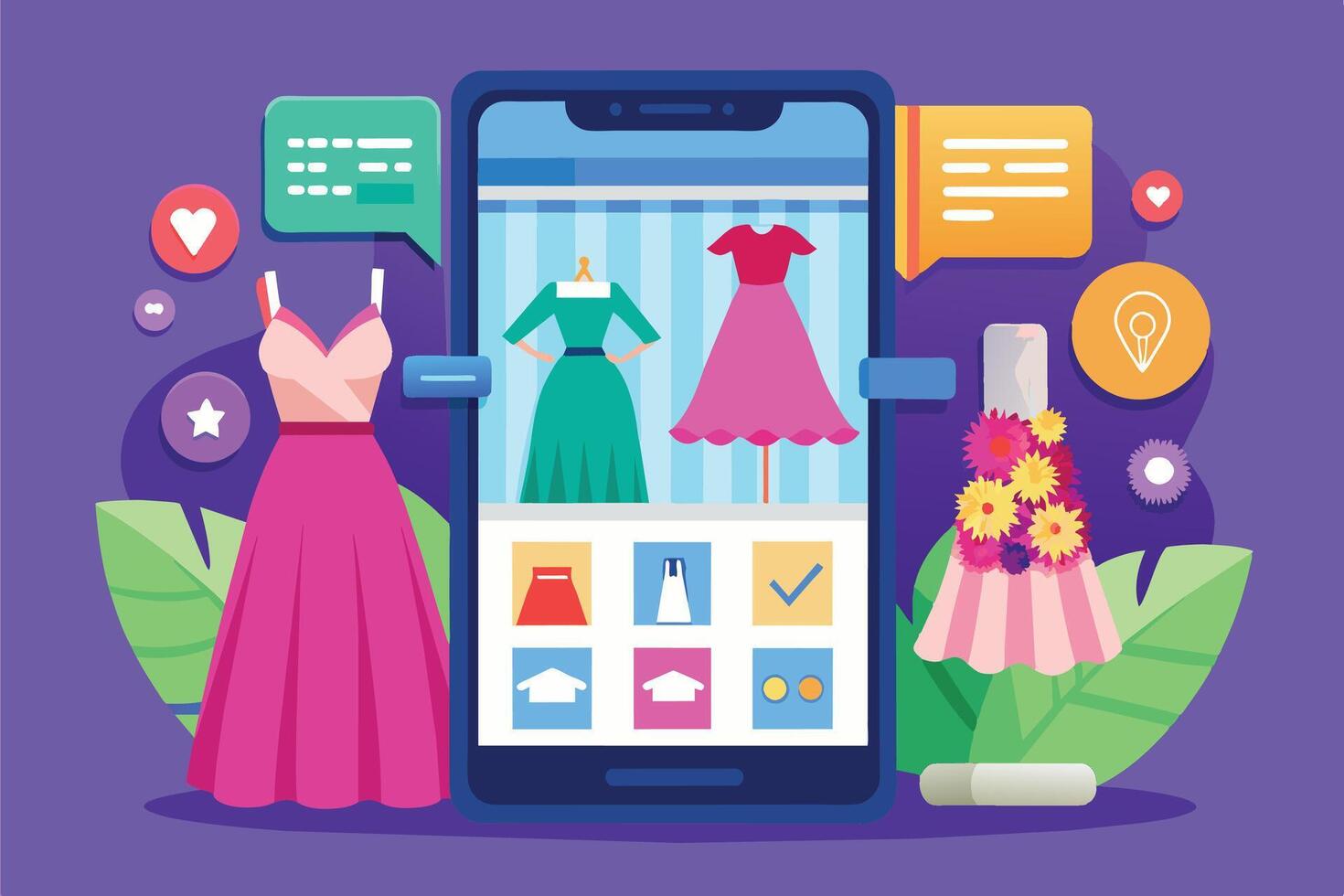 Online Shopping App Displaying Dresses On Smartphone Screen vector