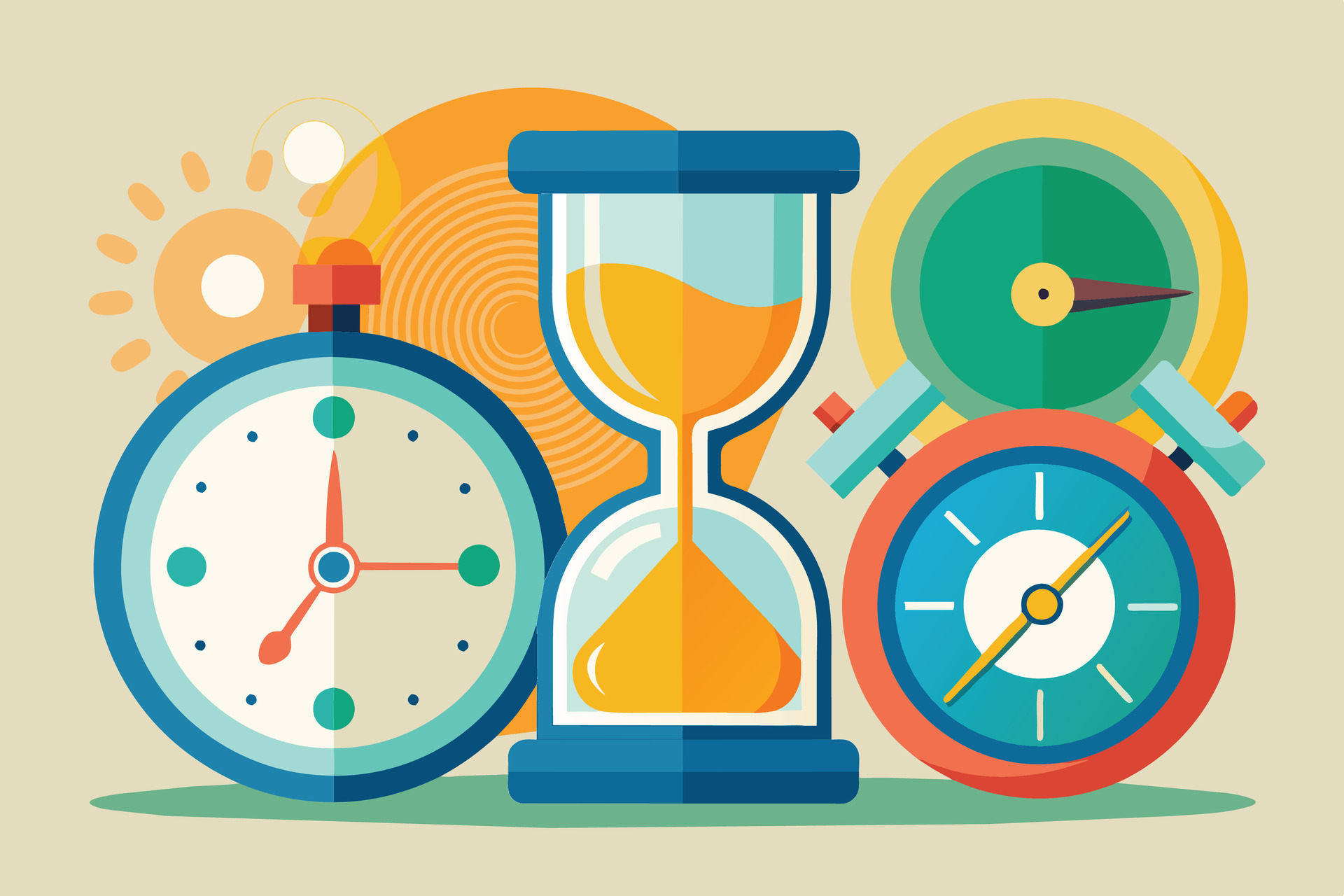 Colorful Illustration of Time Keeping Devices With Hourglass, Stopwatch