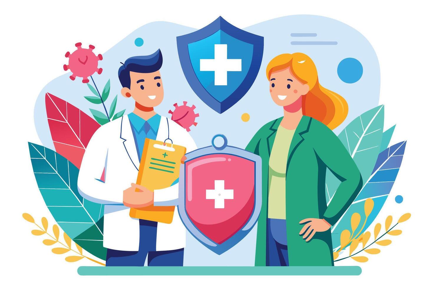 Doctor and Patient Holding Protective Shields With Crosses vector