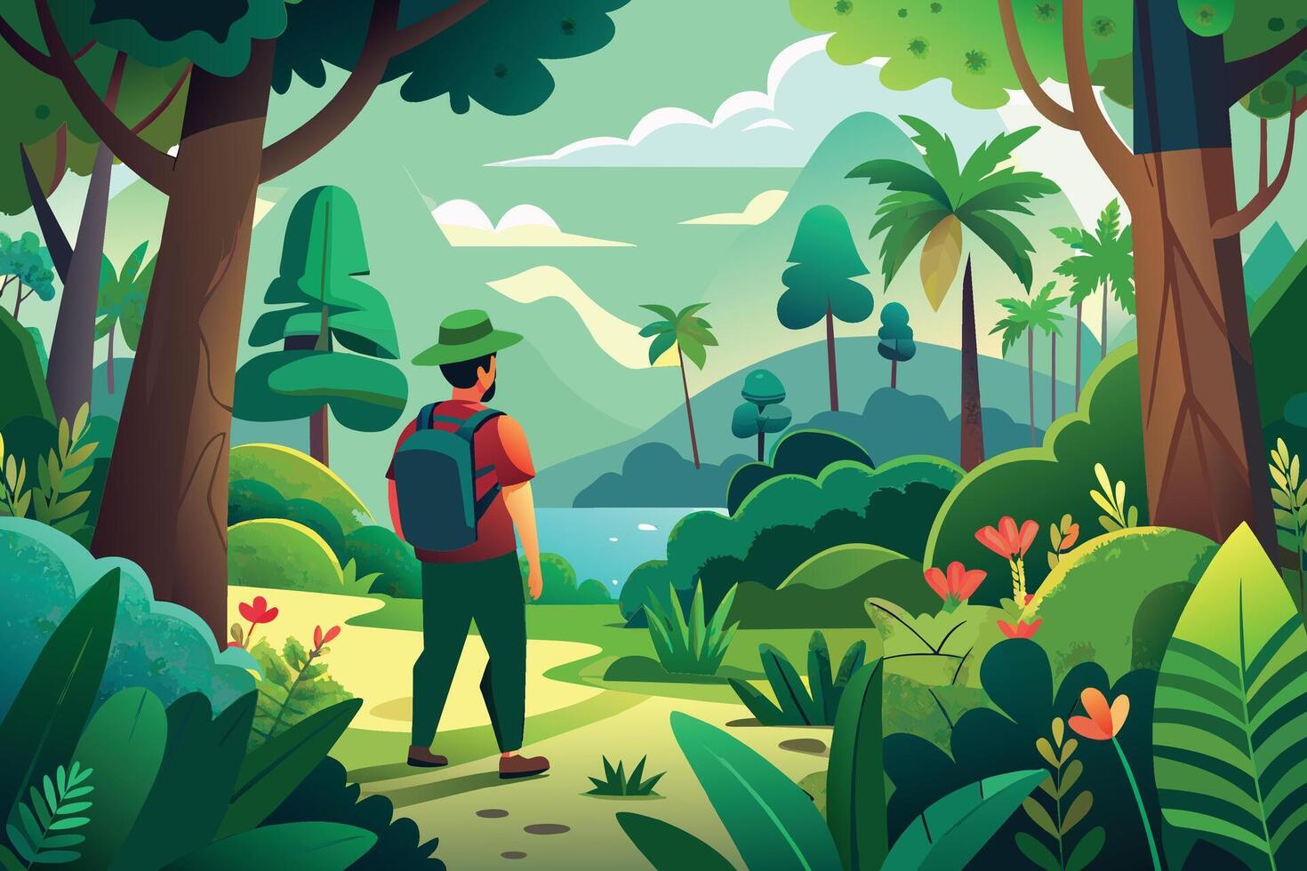 Man Hiking Through Lush Green Forest With Palm Trees and Mountains in the Distance vector