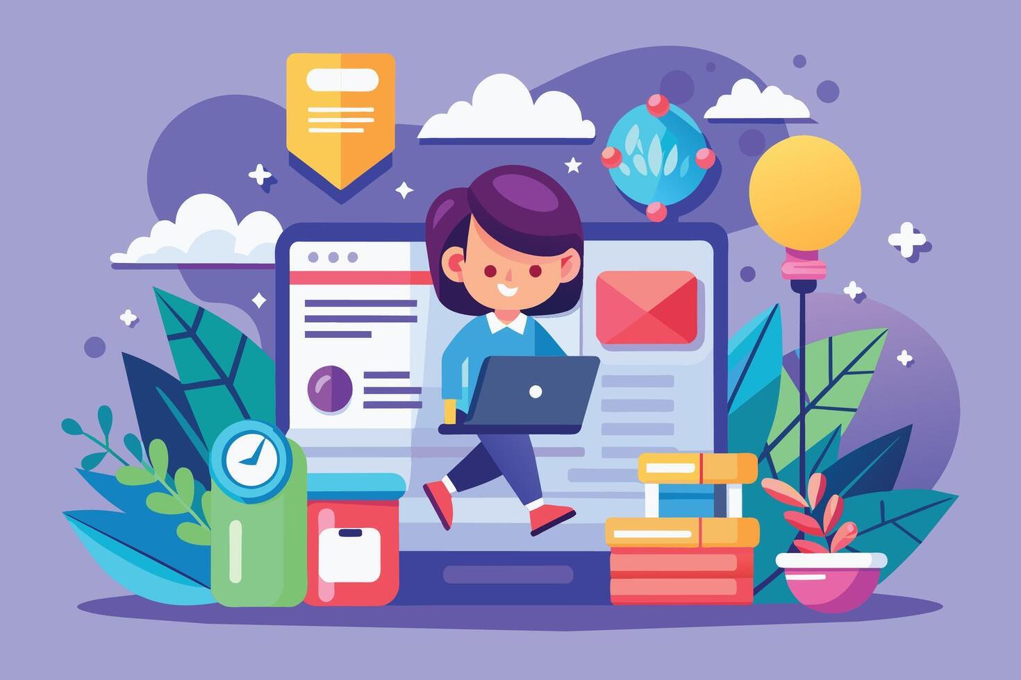 Happy Woman Working on Laptop Inside Large Computer Screen vector