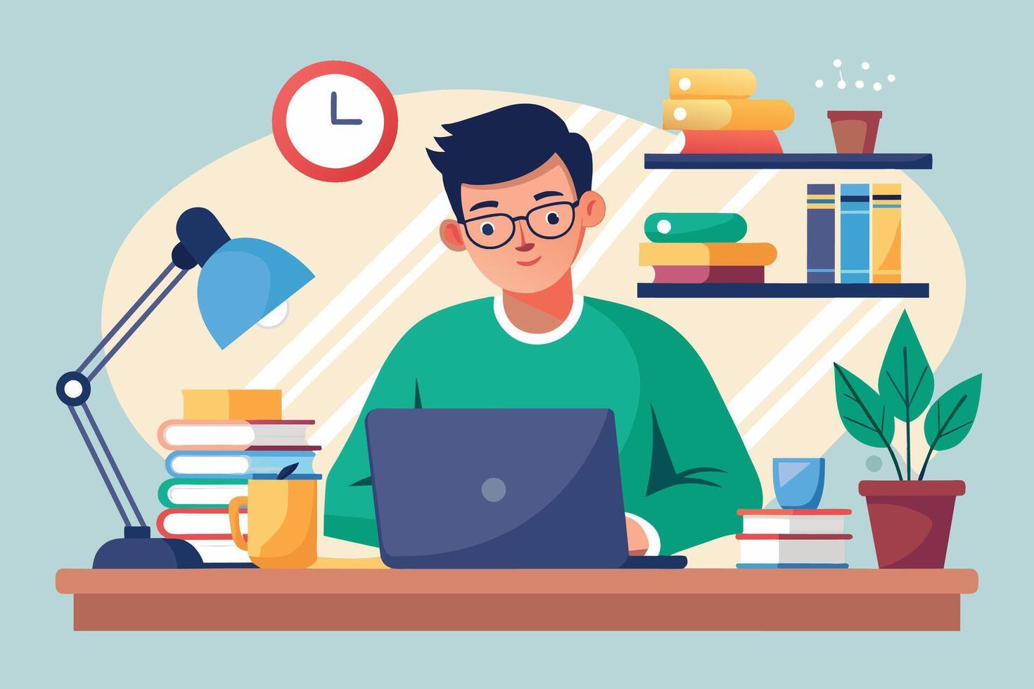 Man Working on Laptop at Desk in Home Office vector