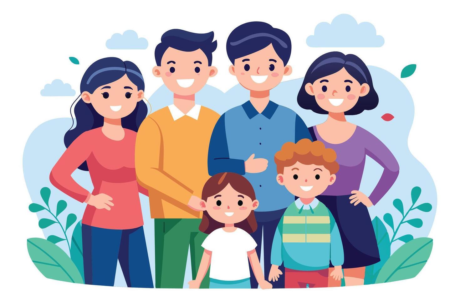 Happy Family Portrait With Parents, Children, and Green Foliage vector