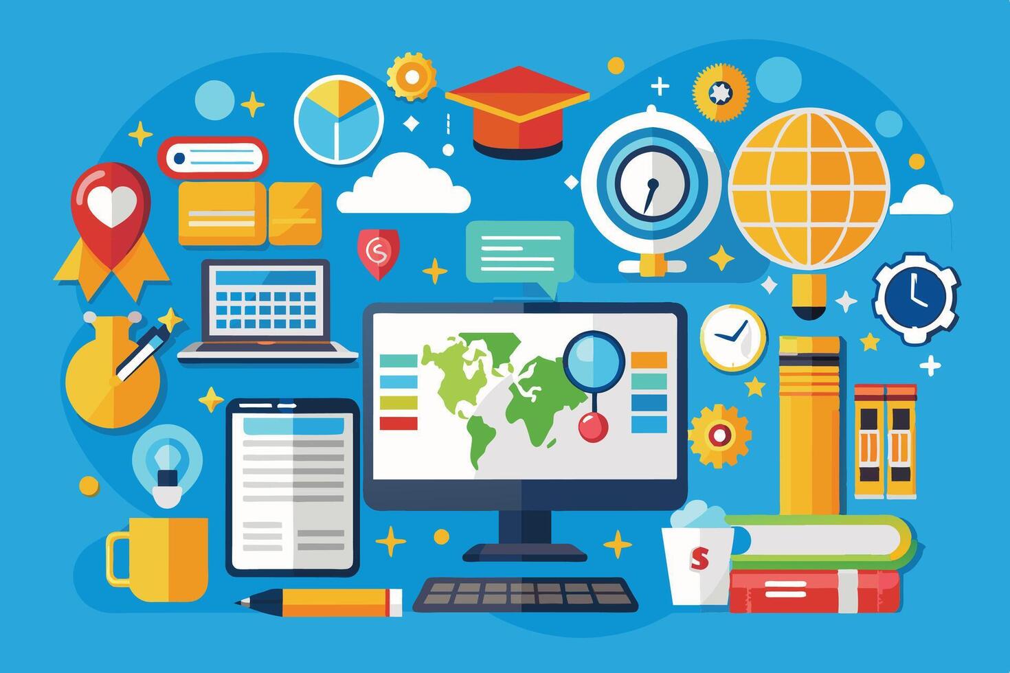 Modern Digital World Map With Desktop Computer and Icons vector