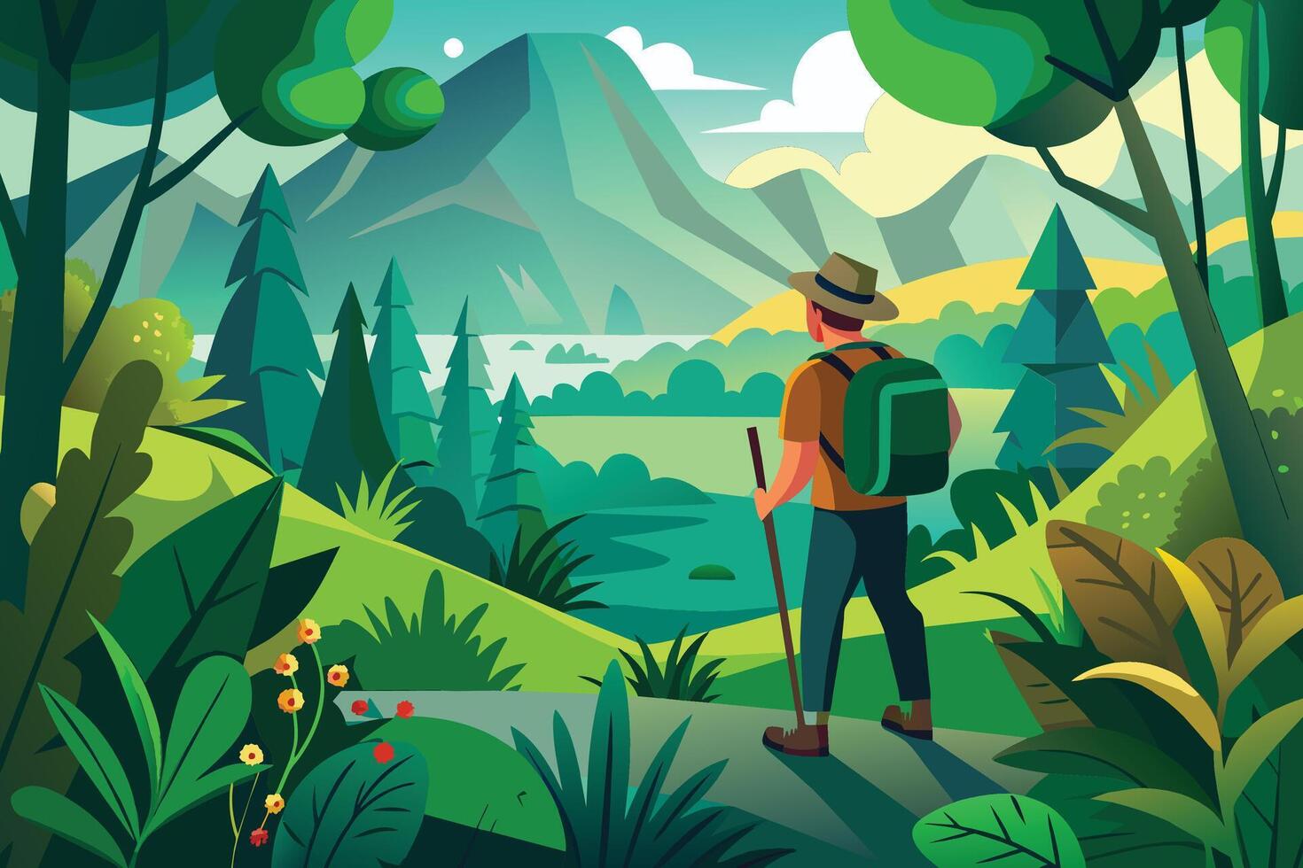 Hiking Through Lush Green Forest With Mountain View vector