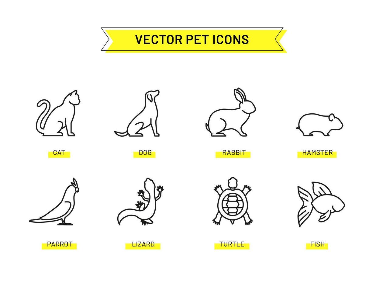Set of pet and animal flat line icons for web, pet store, veterinary clinic. Contains such icons as cat, dog, rabbit, parrot and more vector