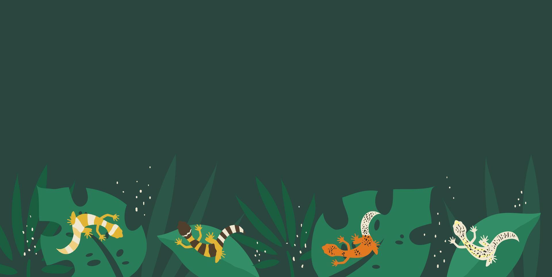 Tropical background with beautiful green plants and small lizards. Leopard geckos on leaves flat illustration vector