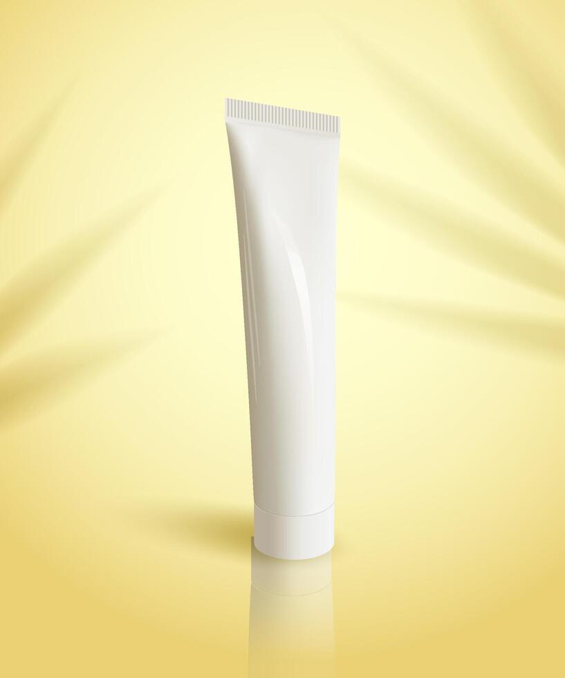 Realistic Cosmetic Product mockup. White clean Tube on yellow summer background. Blank Packaging template for spf cream, cleanser and more vector