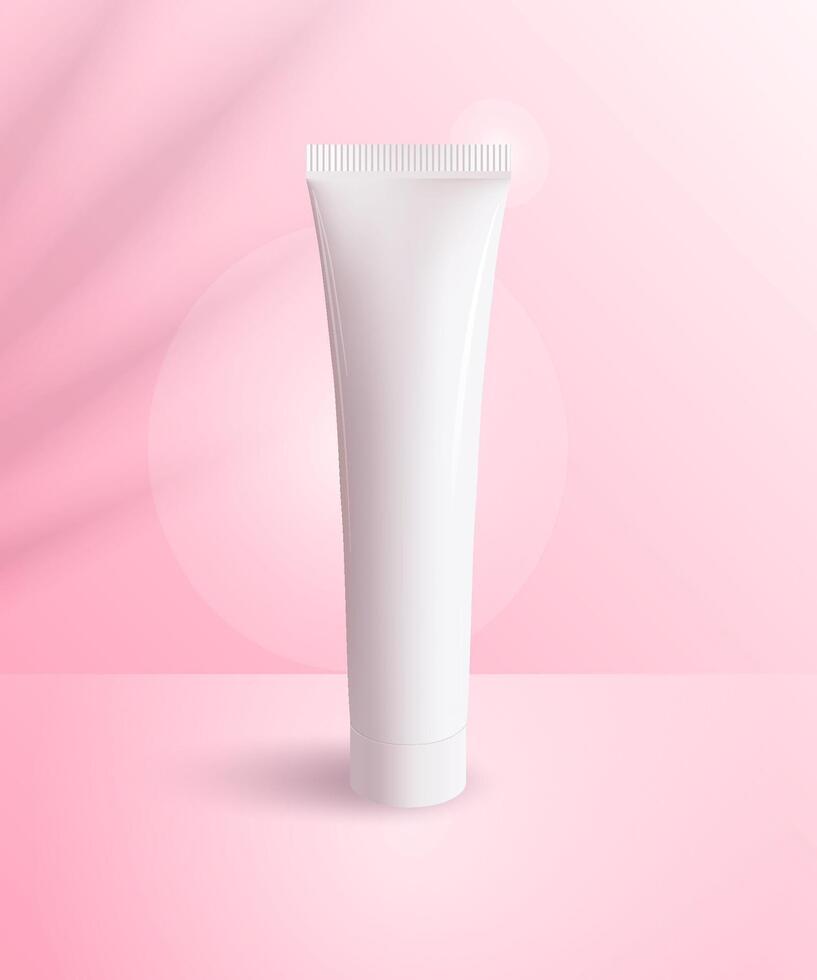 Realistic white blank plastic cosmetic Tube mock up. 3d cosmetic packaging. Empty container on pink background vector