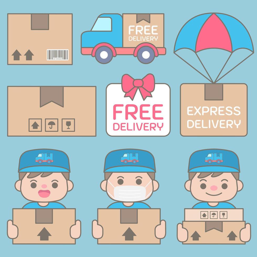 Cute delivery elements in Children Style Cartoon illustration vector