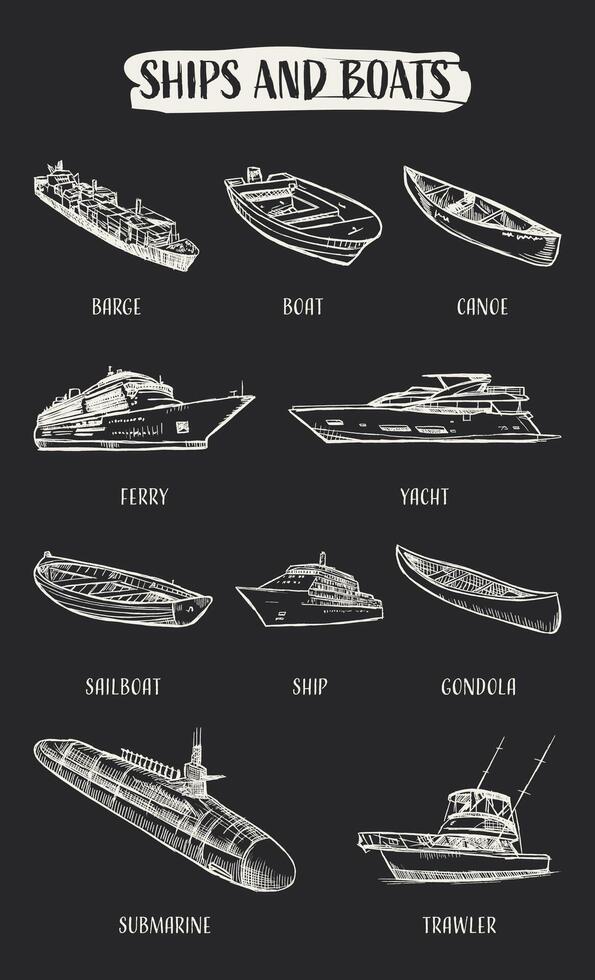 Hand drawn illustration set of different types of boats and ships vector