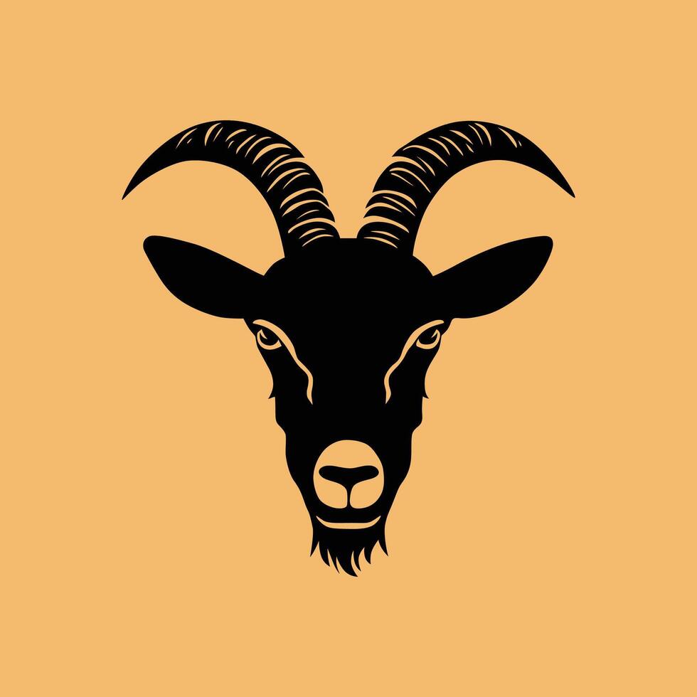 Black goat head silhouette logo showing its horns on yellow background vector