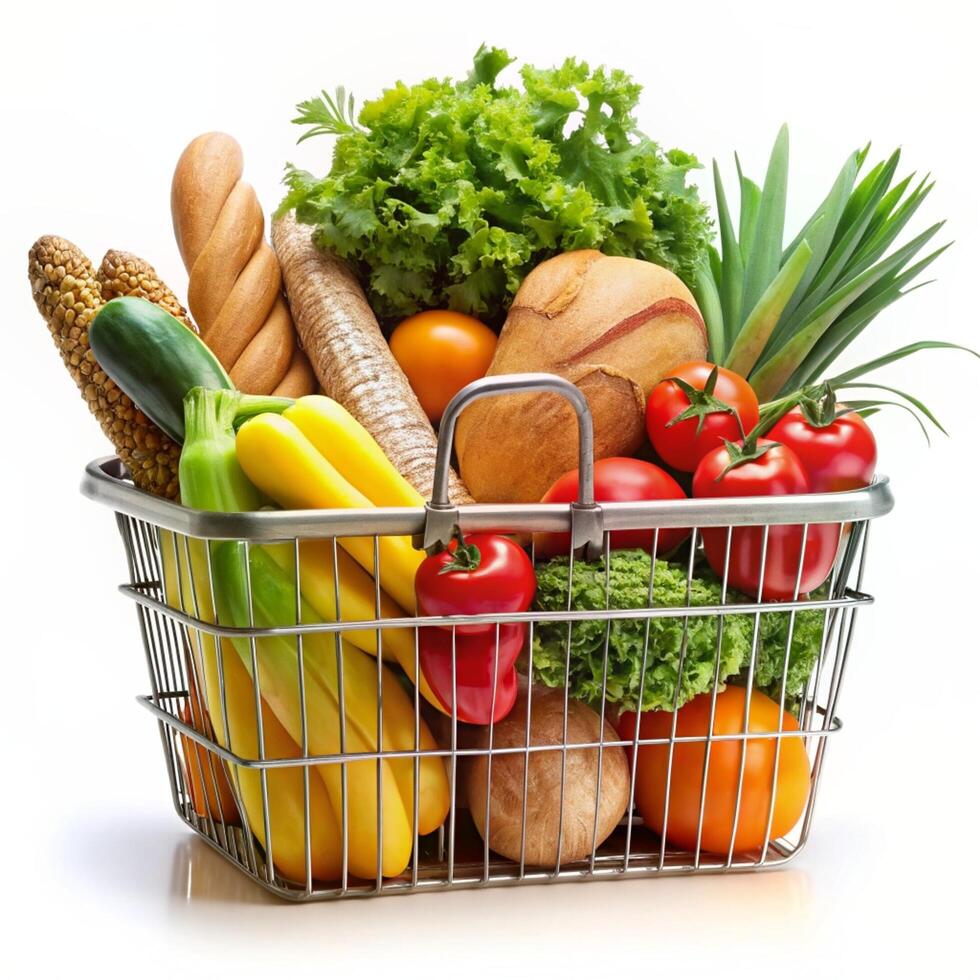 Basket full of groceries and vegetables isolated on a white background photo