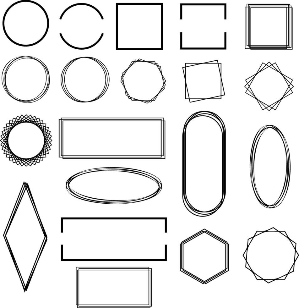 Collection of Various Geometric Shapes, Circles and Squares, in Array of Sizes and Styles, Minimalistic Symmetry. Frames and Borders. Monochrome Set. illustration vector