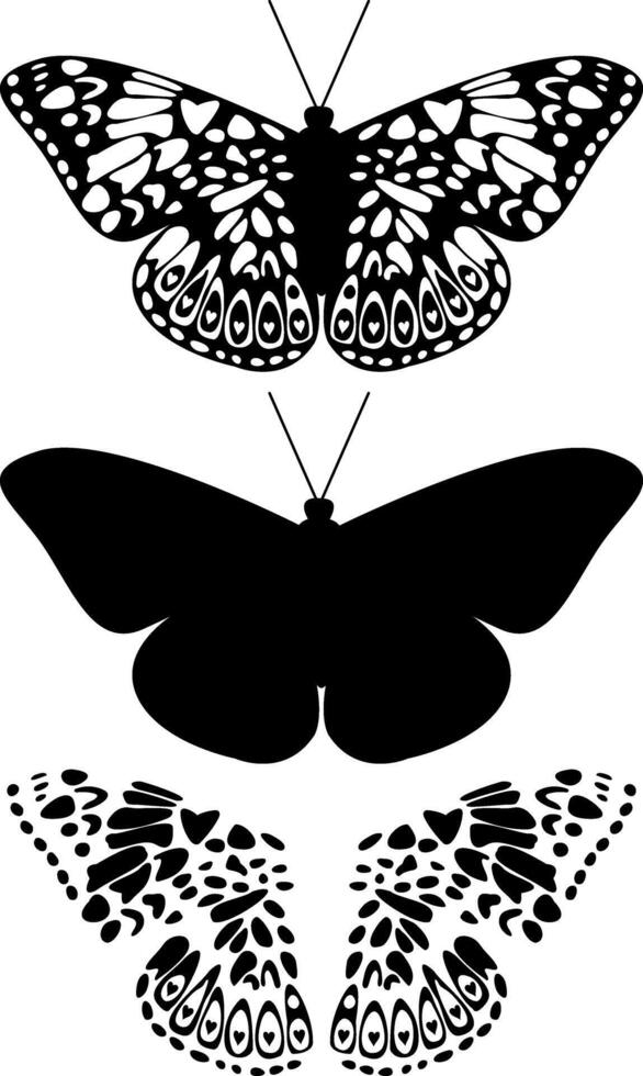 Black and White Butterfly Silhouettes with Ornamental Patterns on a White Background. Nature Inspired Designs in Monochrome. Artistic Wildlife Shapes in Symmetry. illustration vector
