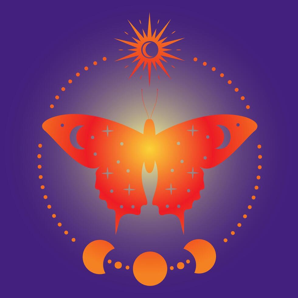 Esoteric Butterfly with Sun and Moon Symbolizing Nature and Harmony. Celestial Butterfly Wings Art. Mystical Boho Decor. Ethereal Butterfly Silhouette Illustration. illustration vector