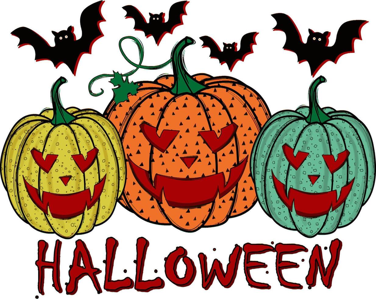 Three Halloween Pumpkins with Bats Flying around them. Enchanting, Spooky, and Frightening Autumn Design. Gothic, and Atmospheric Holiday Illustration. illustration vector