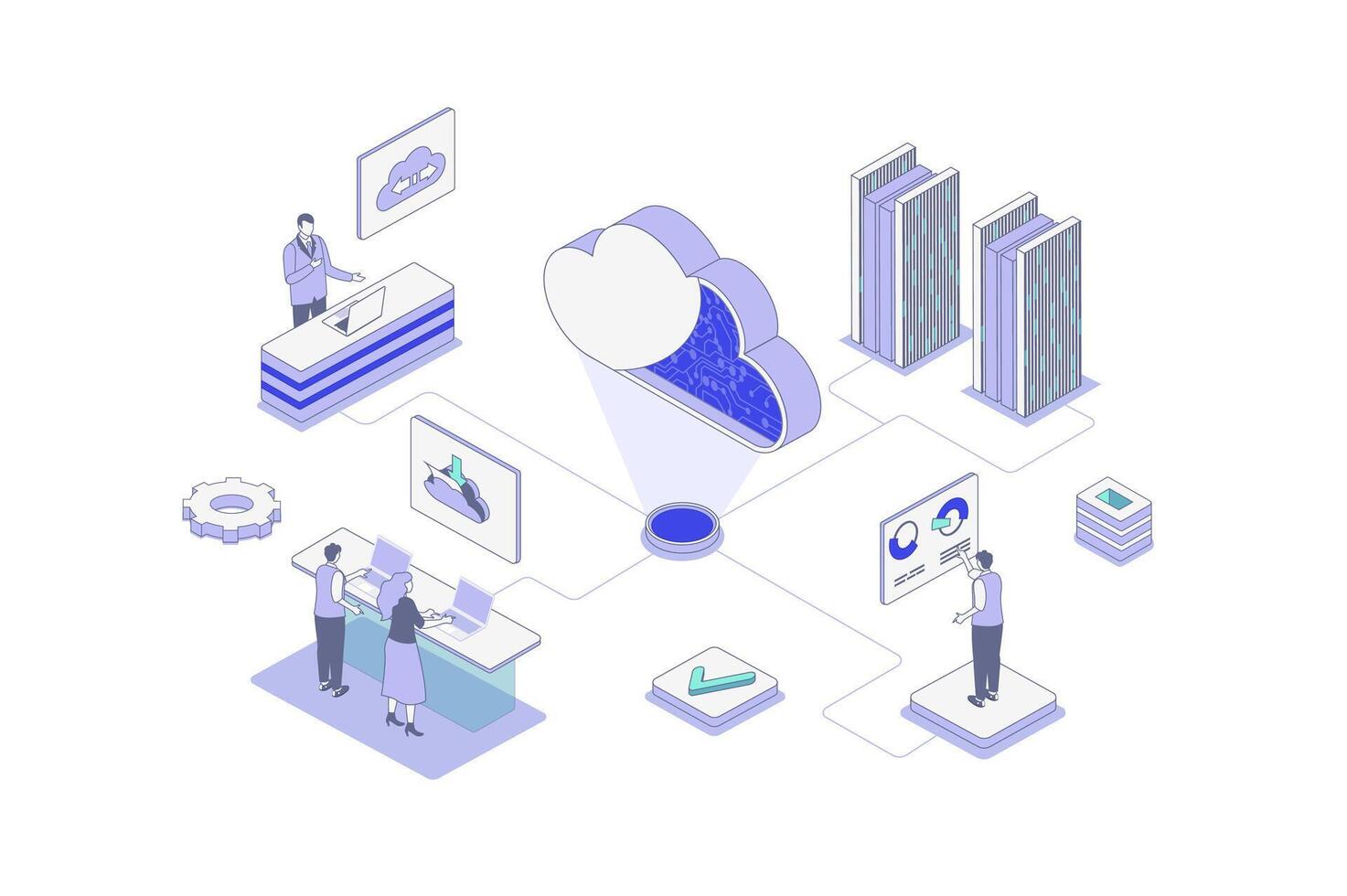 Cloud computing isometric concept in outline isometry design for web. People using online data storage platform, uploading files and computing with secure access to server. illustration. vector