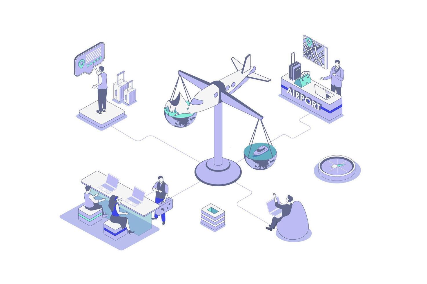 Travel vacation isometric concept in outline isometry design for web. People planning vacation trip, booking flight tickets with luggage, going airport control, boarding plane. illustration. vector