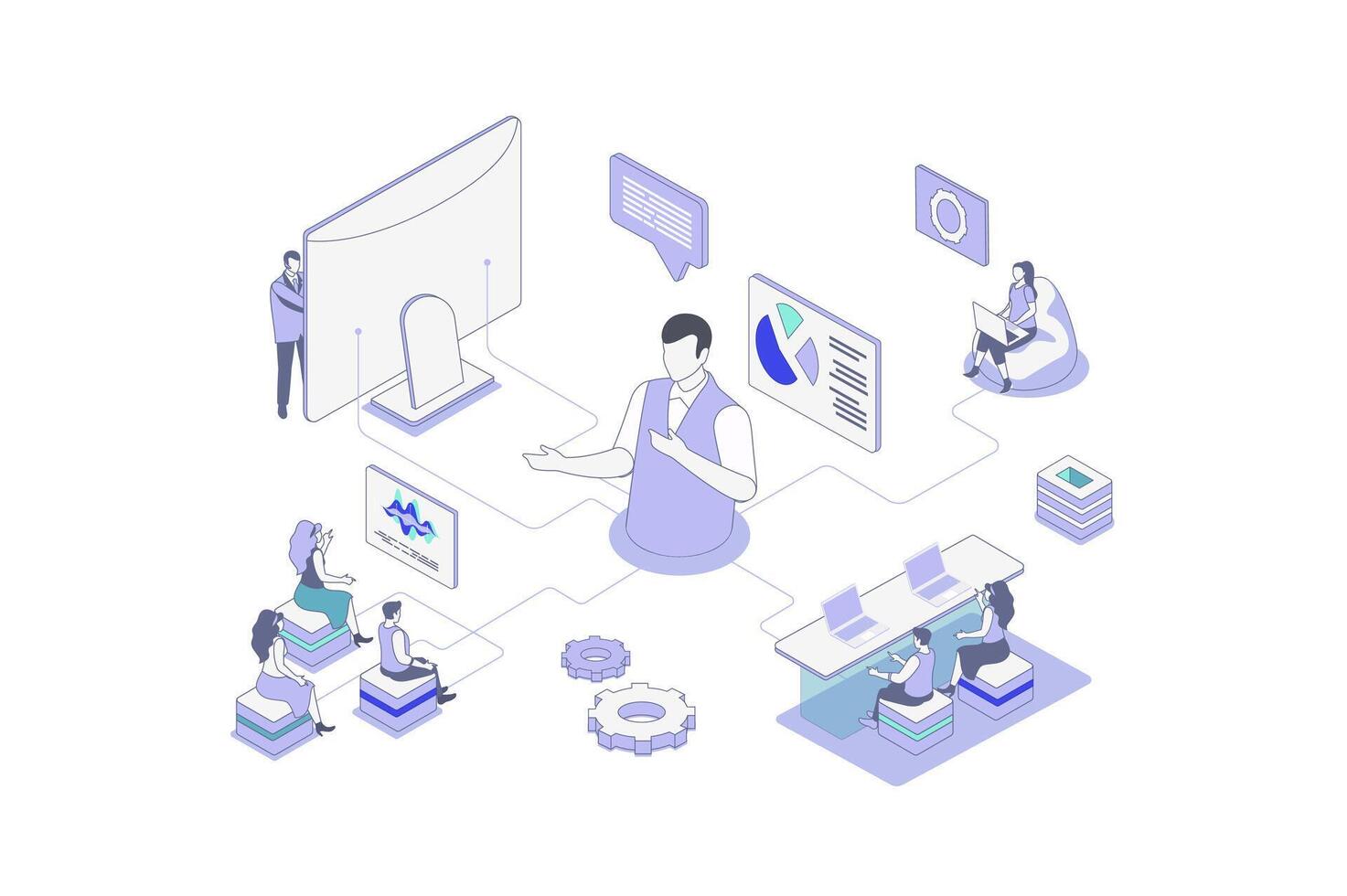 Business training isometric concept in outline isometry design for web. People listening success coach webinar with presentation, improving and developing professional skills. illustration. vector