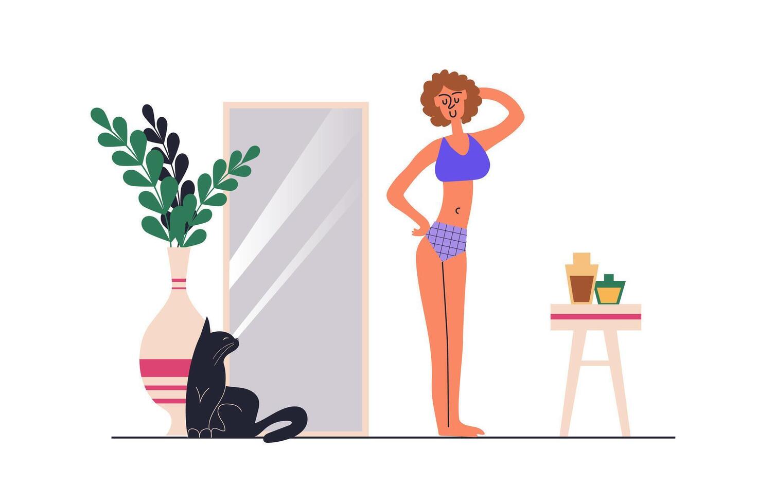 Body positive web concept with people scene in flat design. Beautiful slim woman in underwear posing and looking lovingly at herself in mirror. illustration with character situation for web vector