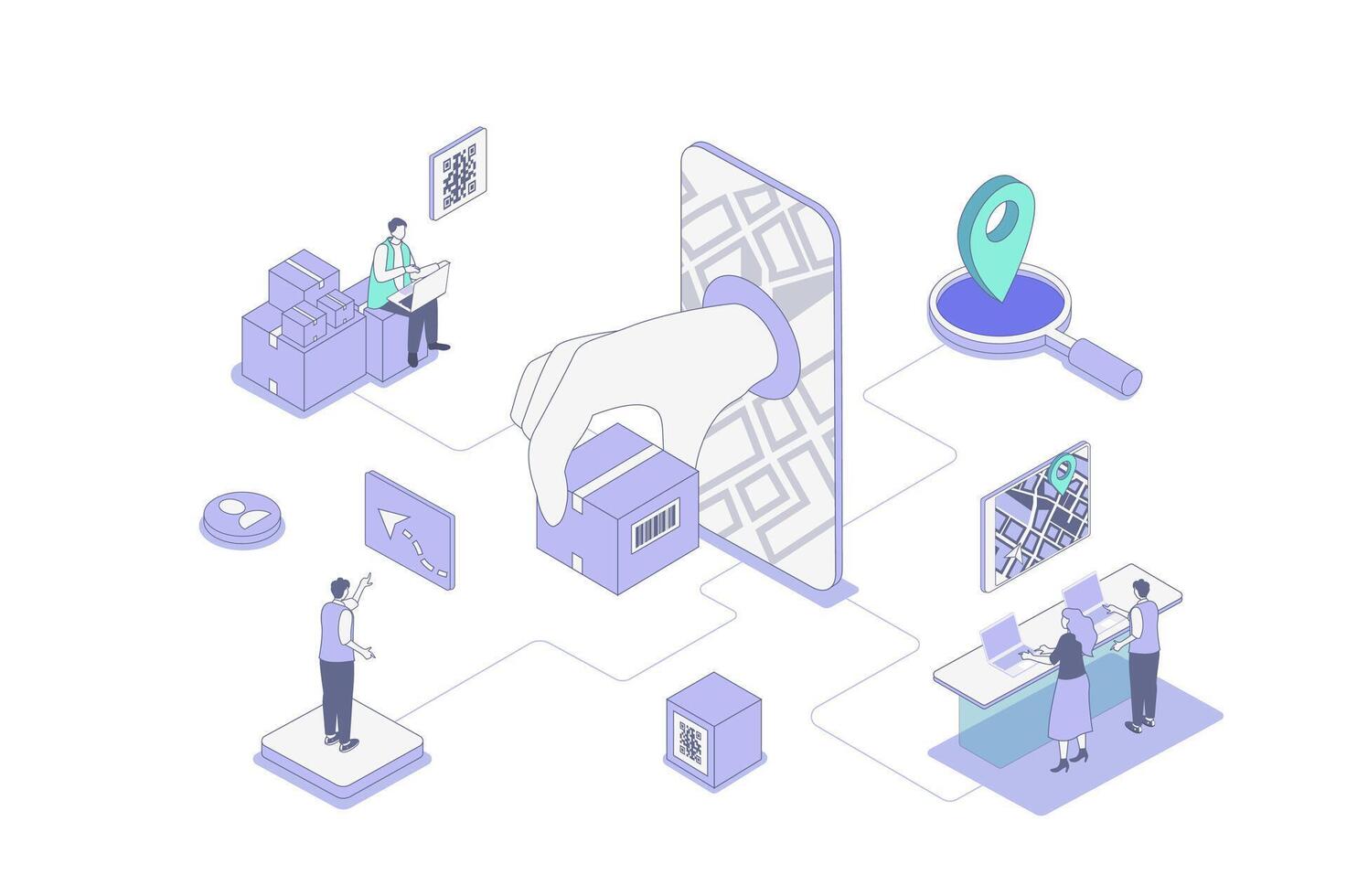 Online delivery isometric concept in outline isometry design for web. People receiving parcels from courier, tracking online in smartphone, pay for service of logistics company. illustration. vector