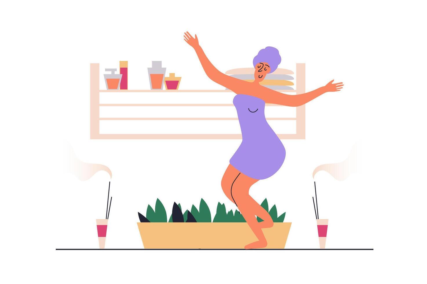 Spa salon web concept with people scene in flat design. Woman in towels relaxing and enjoying aromatherapy procedure and body skin care pampering. illustration with character situation for web vector