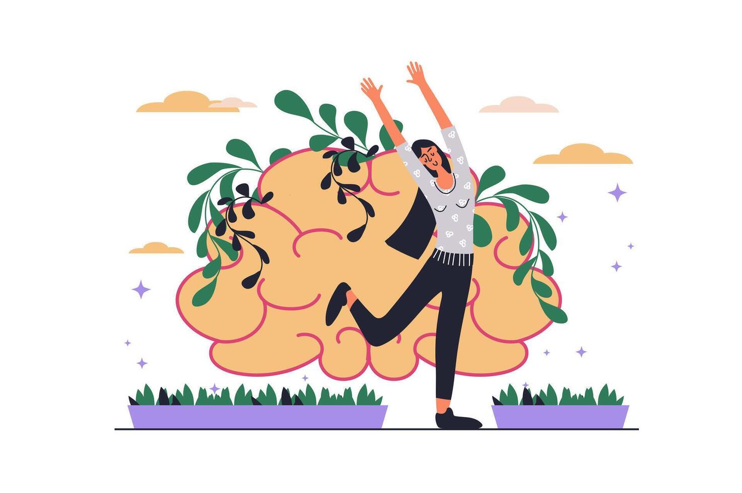 Mental health web concept with people scene in flat design. Happy woman supporting herself, thinks positively and calm, taking care of brain. illustration with character situation for web vector