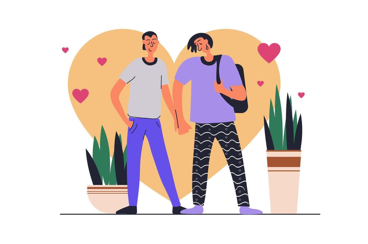 LGBT gay couple web concept with people scene in flat design. Men in romantic relationship hold hands and walking together, standing and flirting. illustration with character situation for web vector