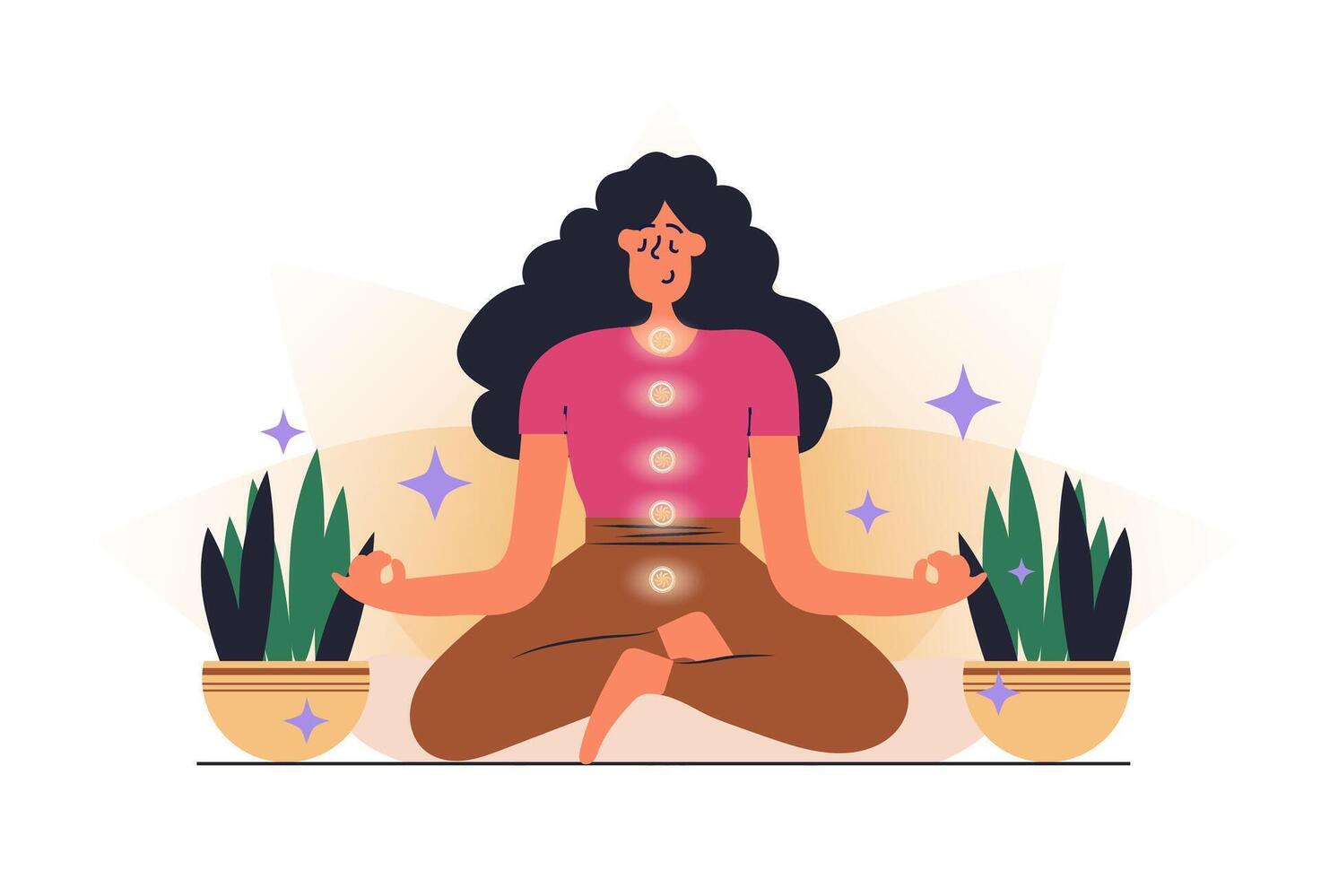 Chakras web concept with people scene in flat design. Woman sitting in lotus position, making meditation and opens energy points in her body. illustration with character situation for web vector