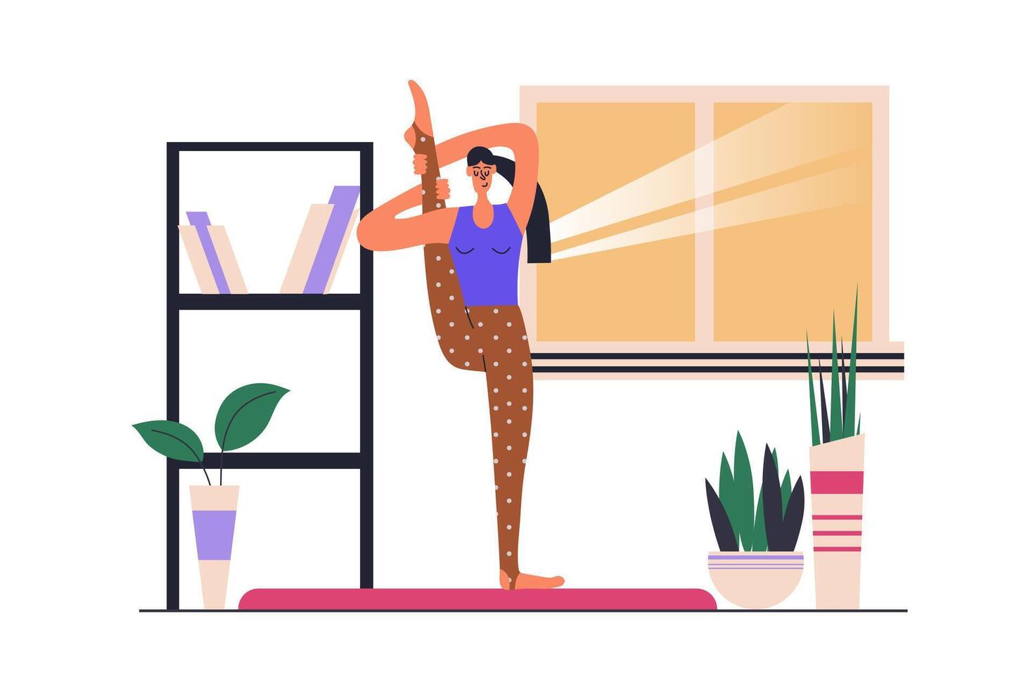Yoga practice web concept with people scene in flat design. Flexibility woman standing in training position and improves body health at home. illustration with character situation for web vector