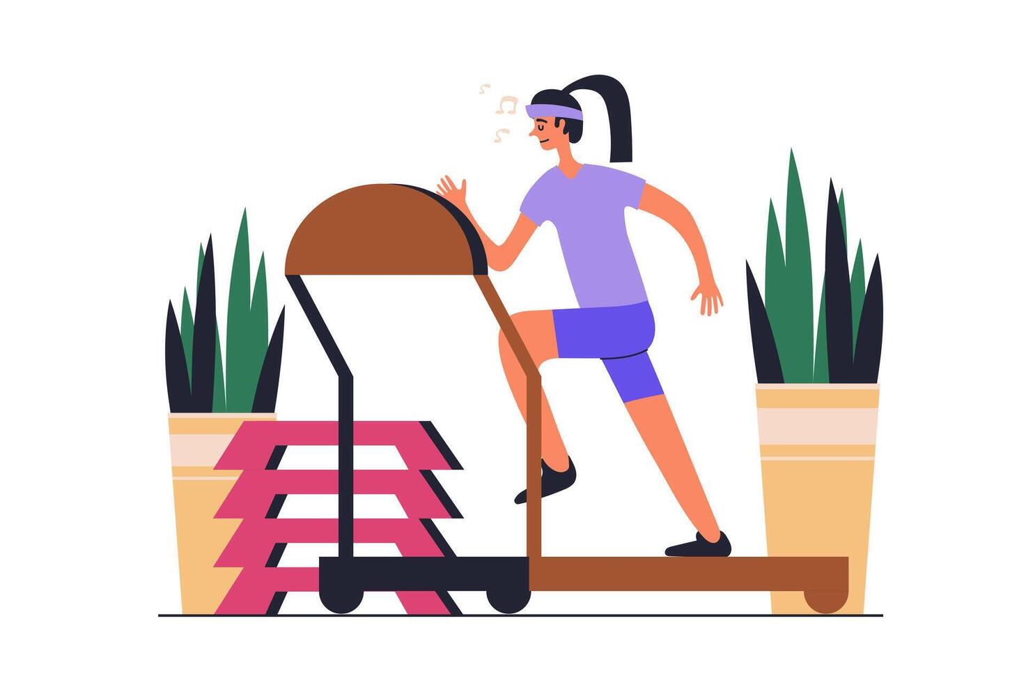 Gym training web concept with people scene in flat design. Sporty woman making fitness workout and running at cardio treadmill at sport club. illustration with character situation for web vector
