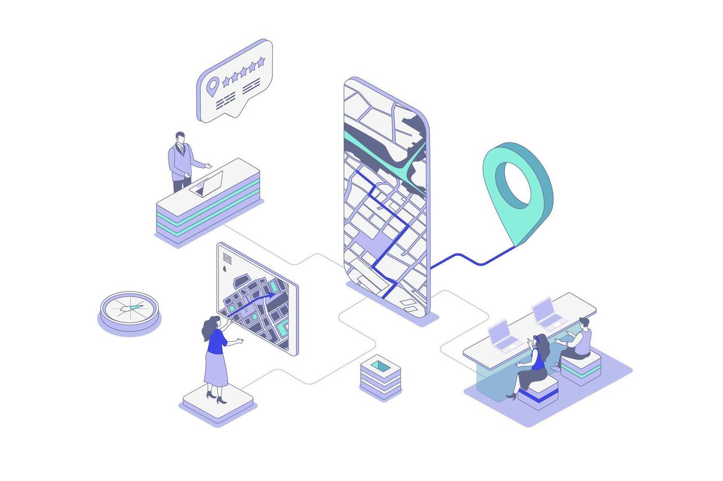 GPS navigation isometric concept in outline isometry design for web. People using map navigation system with pointer and road traffic, tracking route online in mobile app screen. illustration. vector
