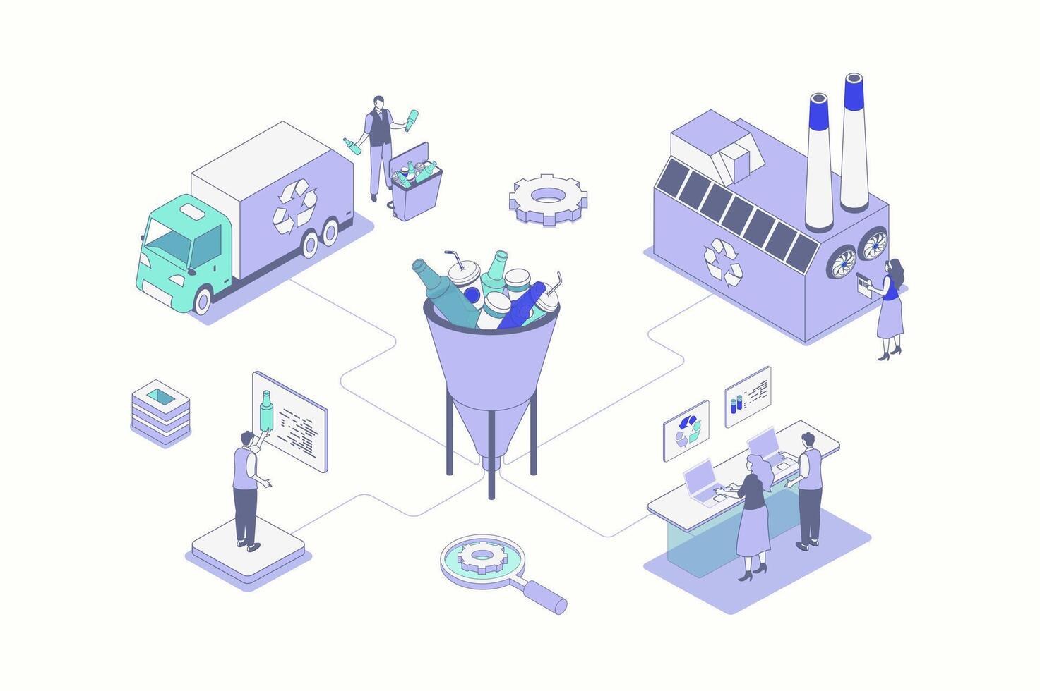 Waste management isometric concept in outline isometry design for web. People collecting disposal garbage, reduce plastic using, separating garbage for recycling factory process. illustration. vector