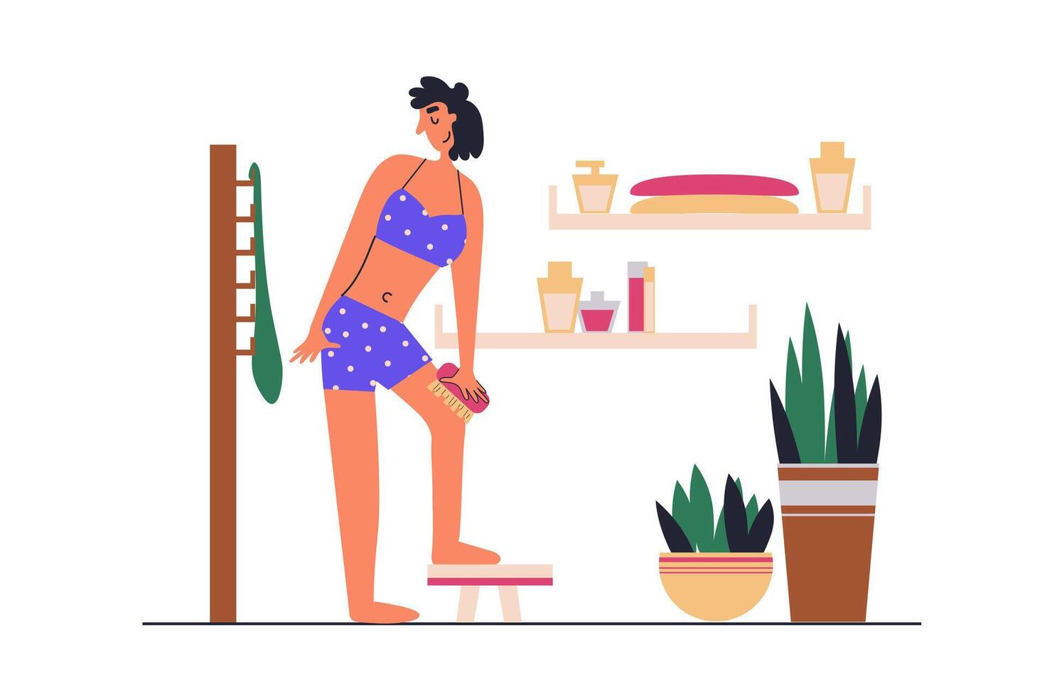 Drainage massage web concept with people scene in flat design. Woman doing body self massage with dry brush, peeling skin and doing home treatment. illustration with character situation for web vector