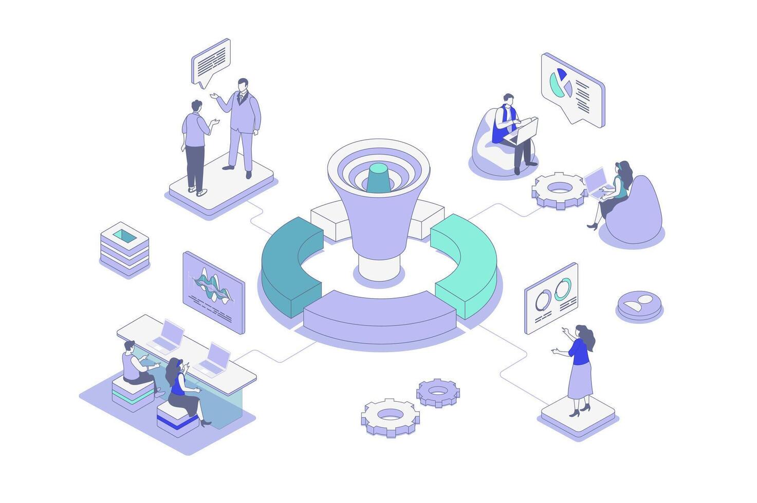 Referral marketing isometric concept in outline isometry design for web. People communicating and recommending, attracting new customers with loyalty program advertisement tools. illustration. vector