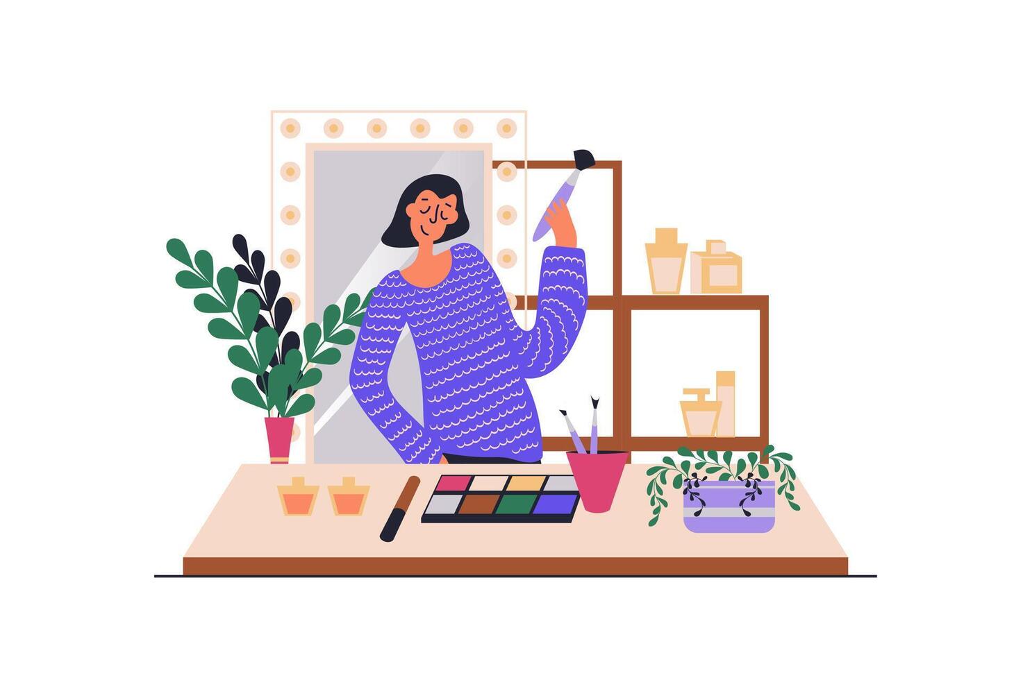 Makeup routine web concept with people scene in flat design. Woman makes glamour makeover using brush and eyeshadow cosmetics standing near mirror. illustration with character situation for web vector