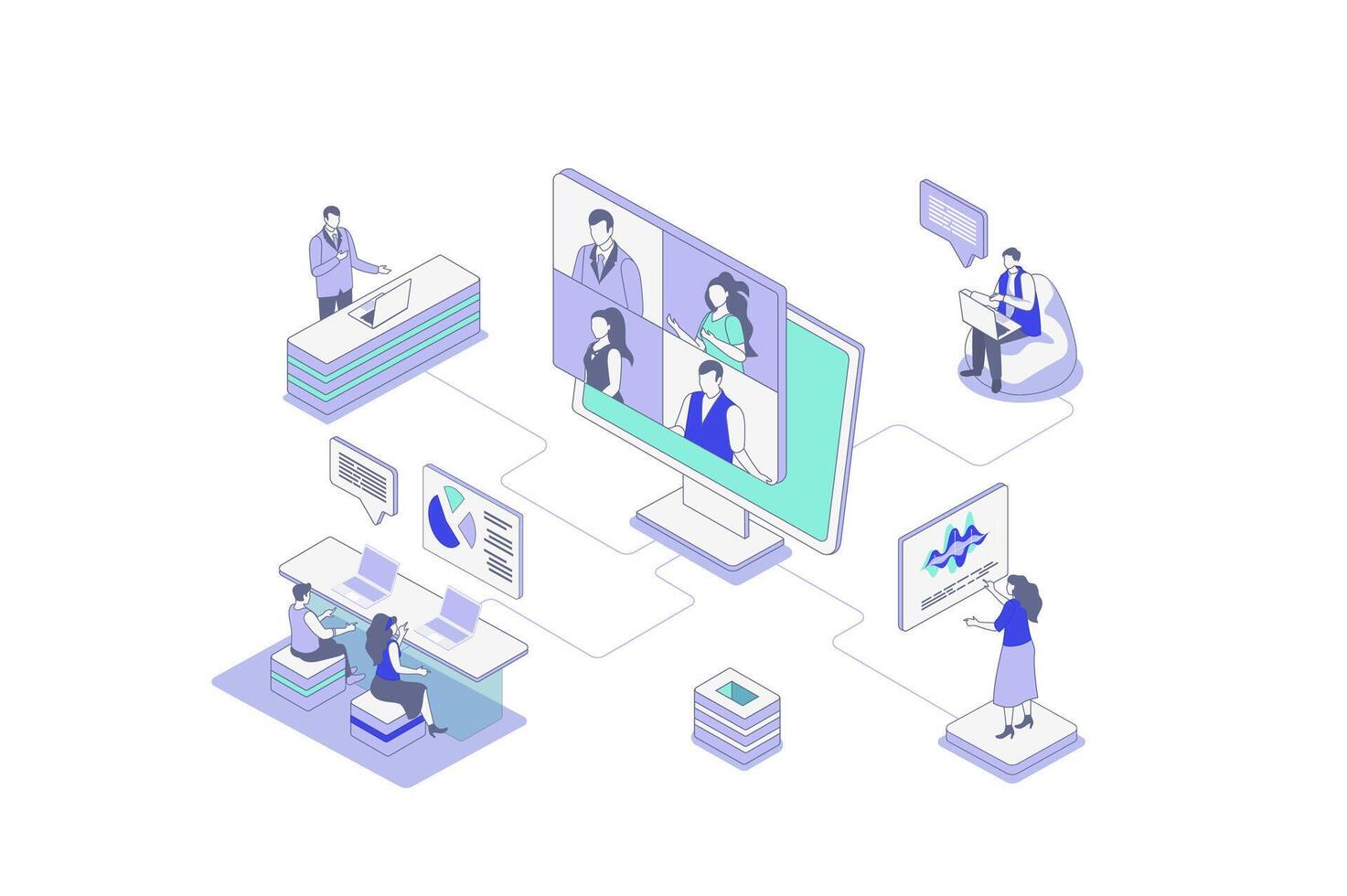 Business meeting isometric concept in outline isometry design for web. People connectingin by work call, discussing tasks with boss, showing presentation and brainstorming. illustration. vector