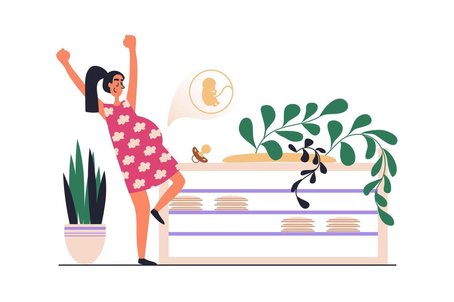 Pregnancy web concept with people scene in flat design. Happy pregnant woman with big belly waiting for baby and preparing for childbearing. illustration with character situation for web vector