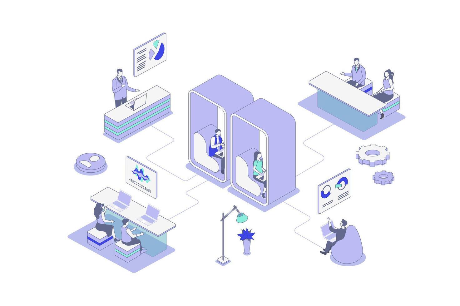 Coworking isometric concept in outline isometry design for web. People working on laptop in open space office, colleagues team meeting, freelancers doing tasks at workplace. illustration. vector