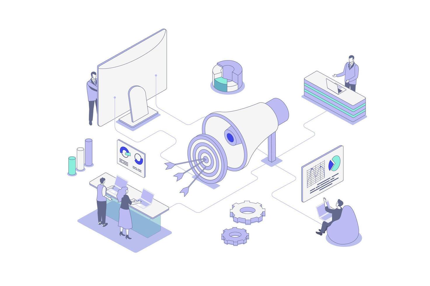 Digital marketing isometric concept in outline isometry design for web. People attracting audience, targeting goals, making online promotion and advertising in social networks. illustration. vector