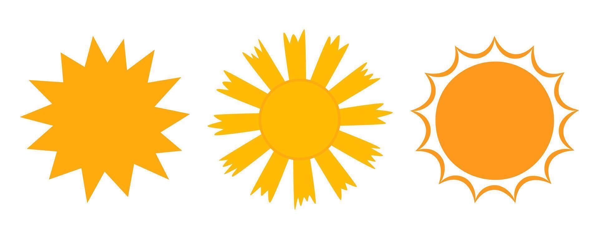 Sun icon set. Yellow sun star sunshine and solar glow, sunrise or sunset collection. Summer. Flat illustration isolated on white background vector