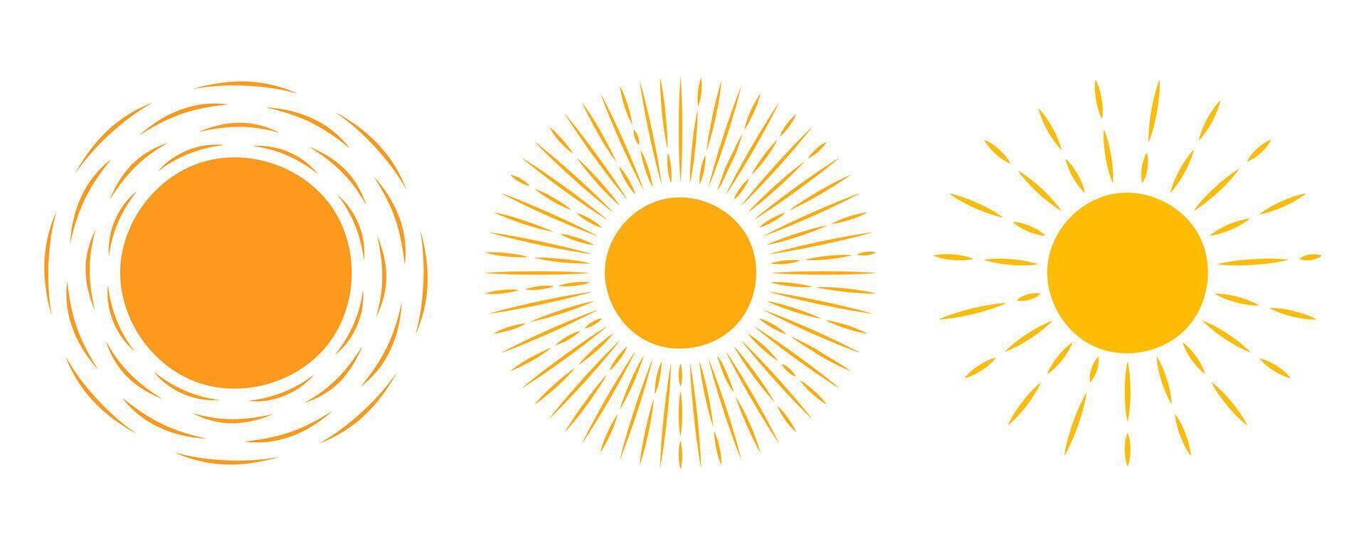 Sun icon set. Yellow sun star sunshine and solar glow, sunrise or sunset collection. Summer. Flat illustration isolated on white background vector