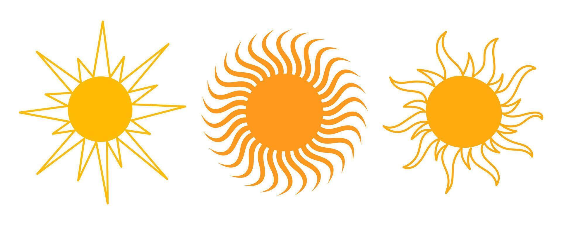 Sun icon set. Yellow sun star sunshine and solar glow, sunrise or sunset collection. Summer. Flat illustration isolated on white background vector