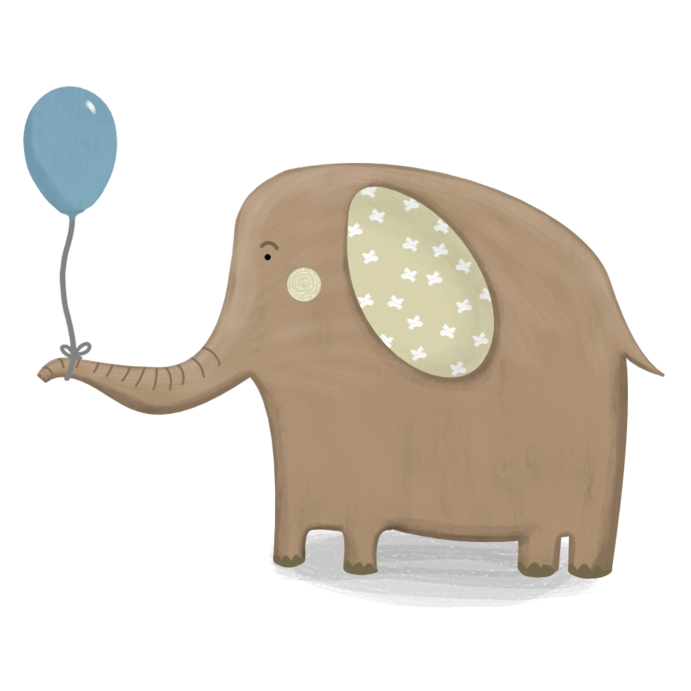 Cute Illustrated Elephant with Blue Balloon Tied to Trunk png