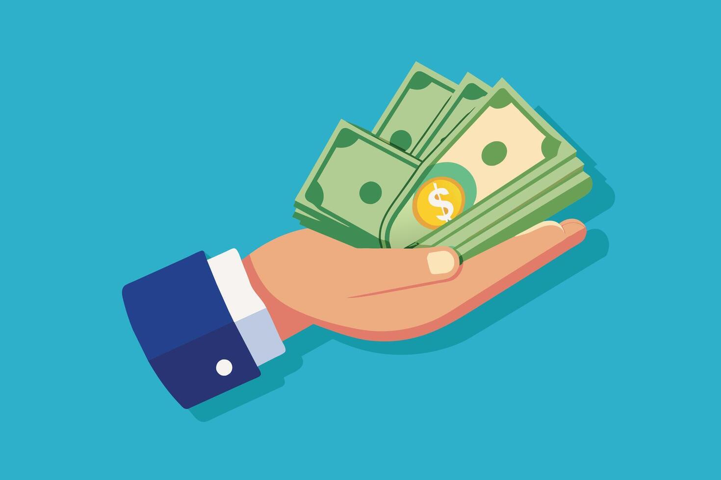 Cartoon Hand Holding Stack of Dollar Bills on Blue Background vector